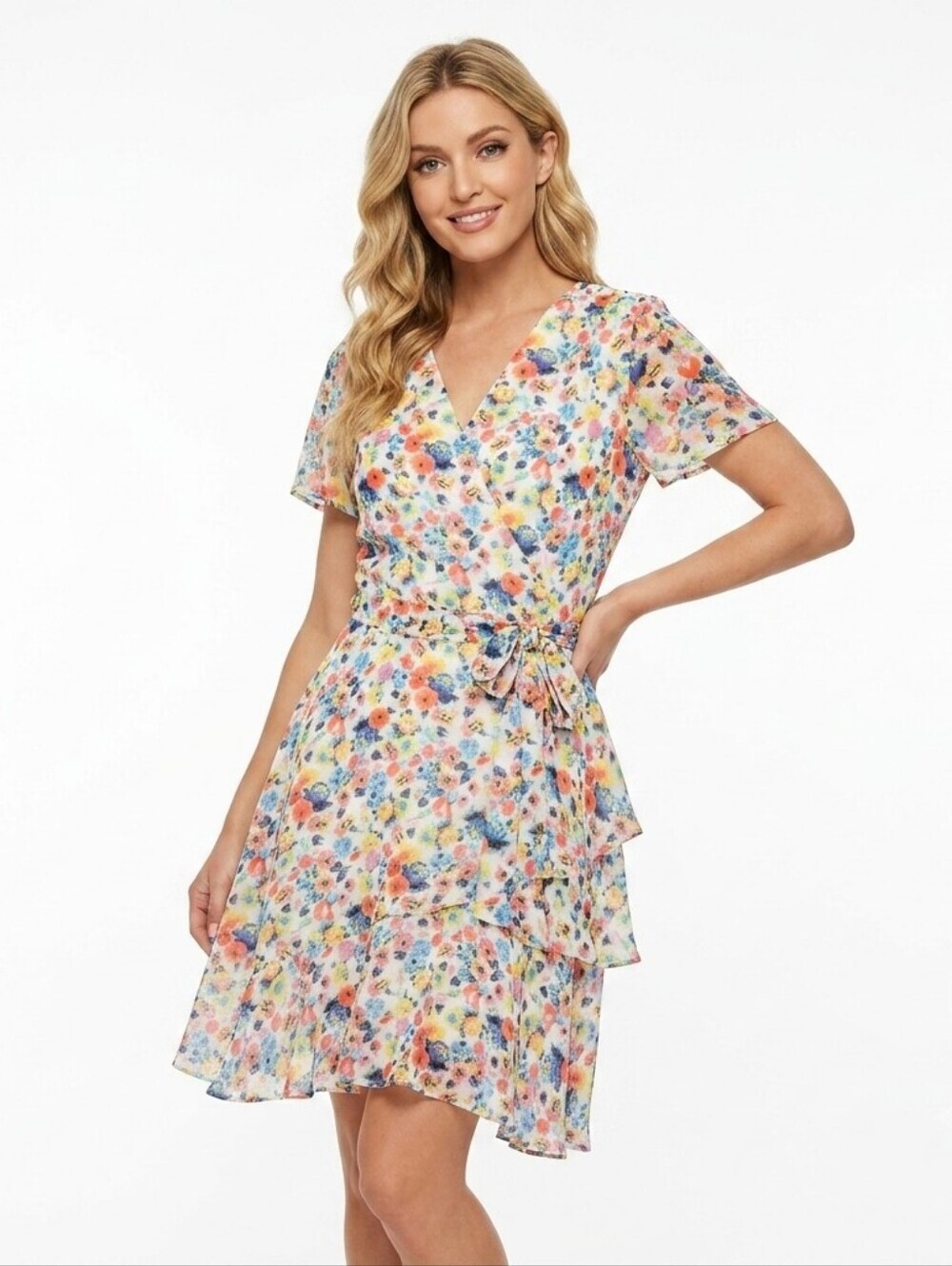 Tahari ASL Faux Wrap Chiffon Dress Size 10 Floral Tiered Ruffled Flutter Sleeves